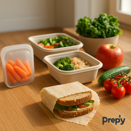 Eco-friendly meal prep setup with Preply compostable containers, reusable silicone bag of carrots, and beeswax-wrapped sandwich on a wooden kitchen table with fresh vegetables and fruits in natural sunlight