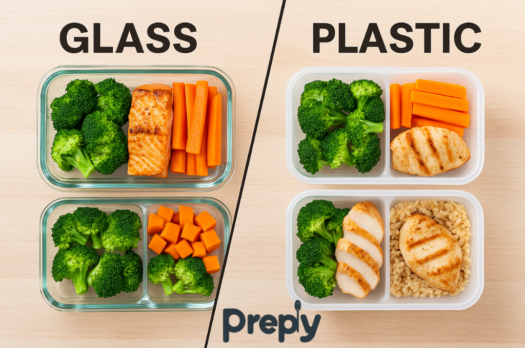 Preply glass vs plastic meal prep containers comparison with vegetables, salmon, and chicken for eco-friendly lunch preparation