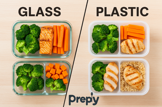 Preply glass vs plastic meal prep containers comparison with vegetables, salmon, and chicken for eco-friendly lunch preparation