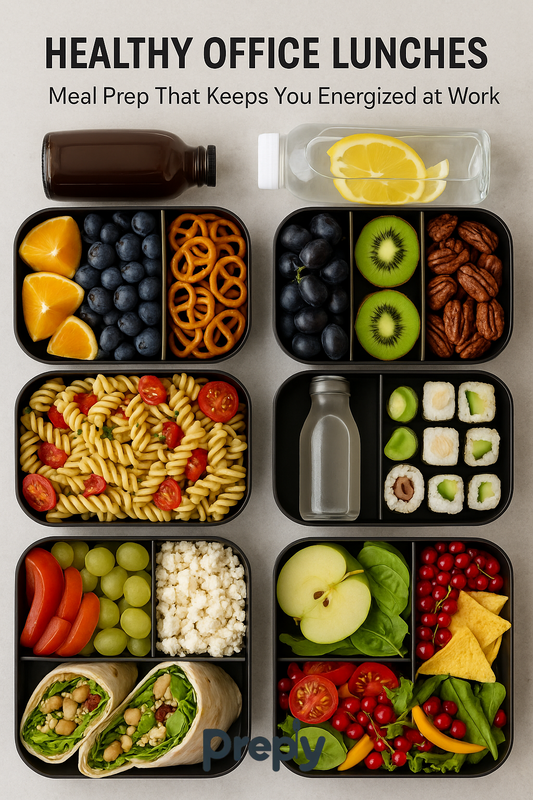 Healthy office lunch meal prep with fresh fruit, wraps, pasta, and sushi neatly packed in containers, styled with insulated lunch bags and glass bottles by Preply