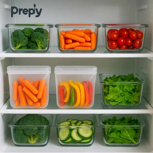 Organized refrigerator shelves with glass meal prep containers and silicone food bags filled with fresh vegetables including carrots, broccoli, bell peppers, and cherry tomatoes, healthy food storage by Preply