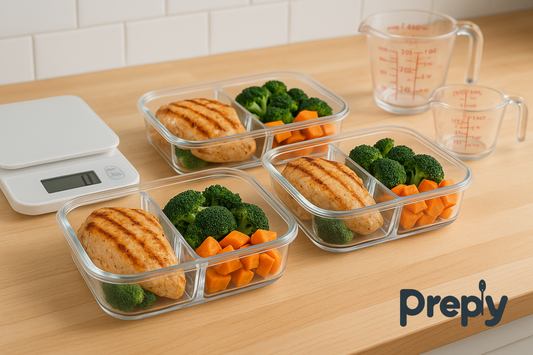 Fitness meal prep containers with portioned grilled chicken, sweet potatoes, and broccoli on a kitchen counter, alongside a digital scale and measuring cups for macro meal planning | Preply