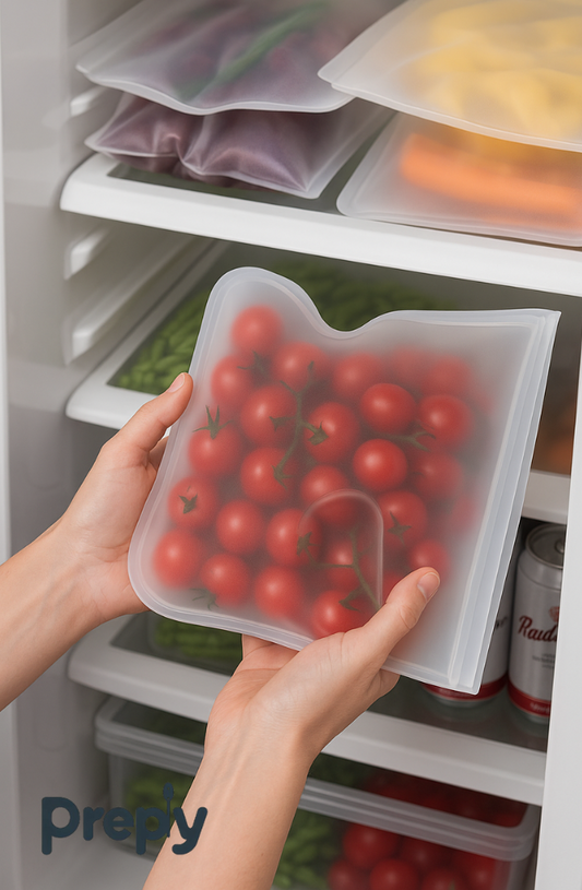 Preply reusable silicone bag filled with fresh cherry tomatoes being stored in a refrigerator for eco-friendly meal prep and lunch organization