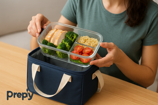 Preply weight loss meal prep container with portion-controlled chicken, broccoli, quinoa, and tomatoes being taken from a casual lunch bag for healthy eating on the go