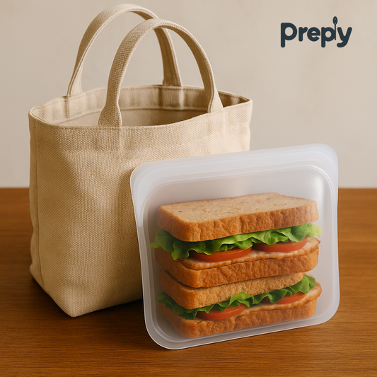 Reusable silicone bag holding two thick sandwiches taken from a casual eco lunch bag - Preply