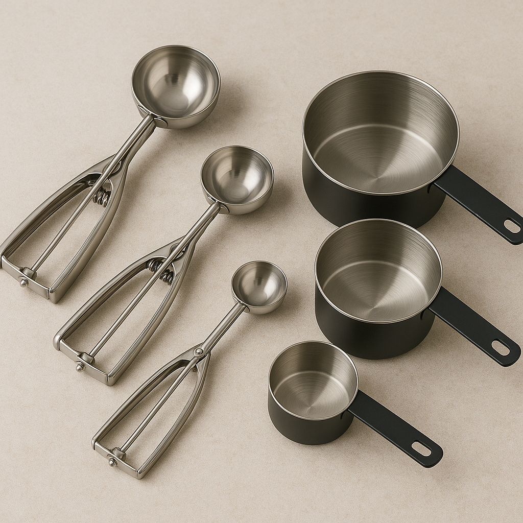 portion scoops and measuring cups for precise cooking