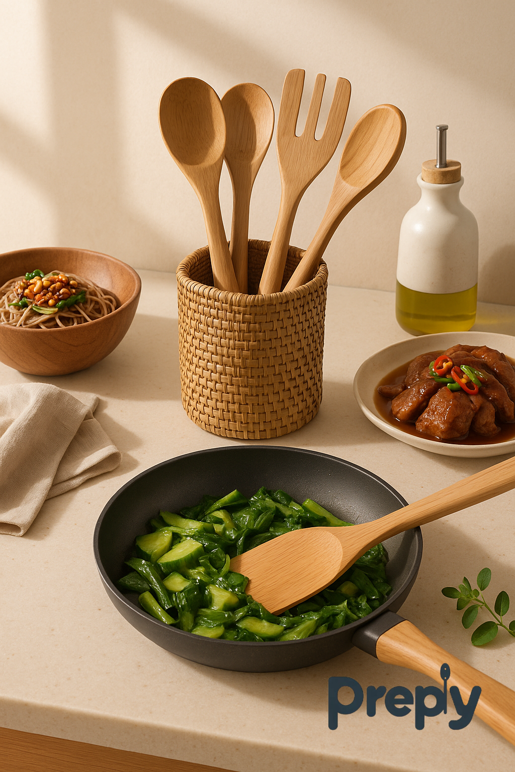 Sunlit kitchen scene with natural wooden cooking utensils, bamboo spatulas, and sautéed vegetables in a non-stick pan—showcasing Preply’s eco-friendly cooking tools designed for sustainable and stylish everyday use.
