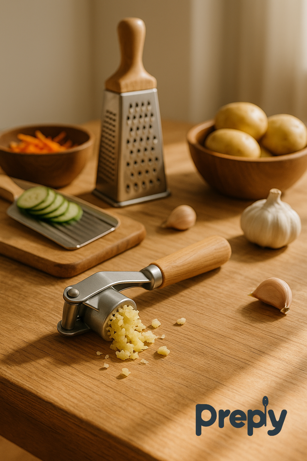 Garlic press with freshly minced garlic on a wooden kitchen table, surrounded by natural prep tools and root vegetables—highlighting Preply’s eco-friendly kitchen gadgets for sustainable, hands-on cooking.