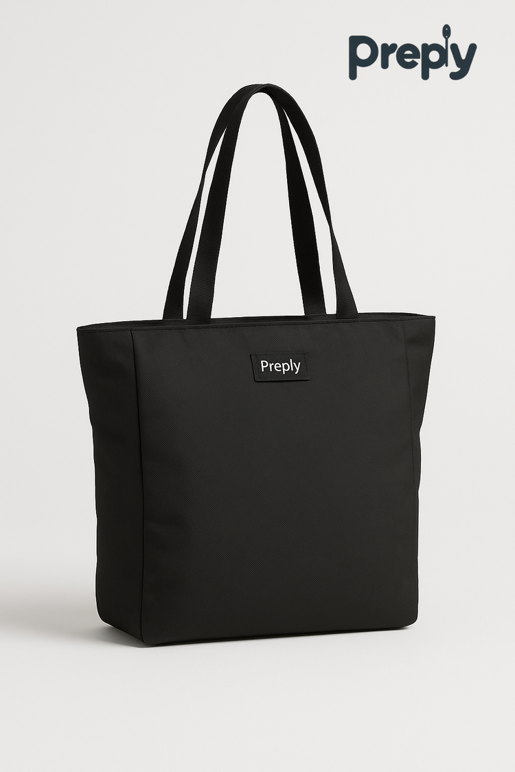 Preply Classic Lunch Tote in sleek black, insulated and reusable lunch bag for office, school, and everyday meal prep