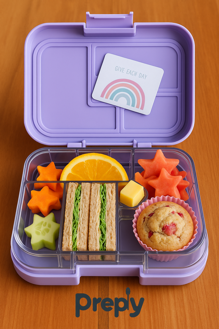 Preply colorful lunch box for kids with sandwiches, star-shaped veggies, fruit slices, cheese cubes, and muffin neatly packed in a purple container