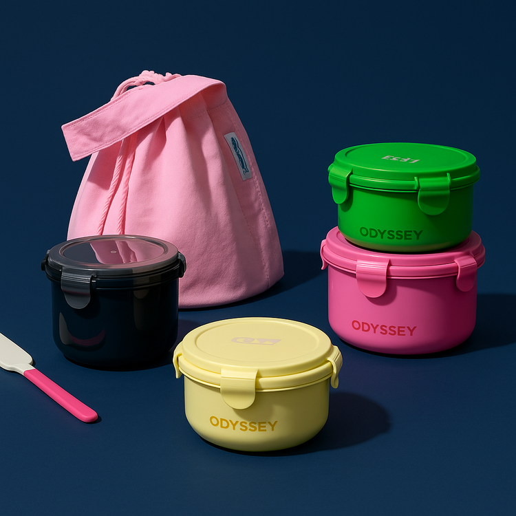 Preply Picks colorful meal prep containers with pink lunch bag on navy background – eco-friendly food storage