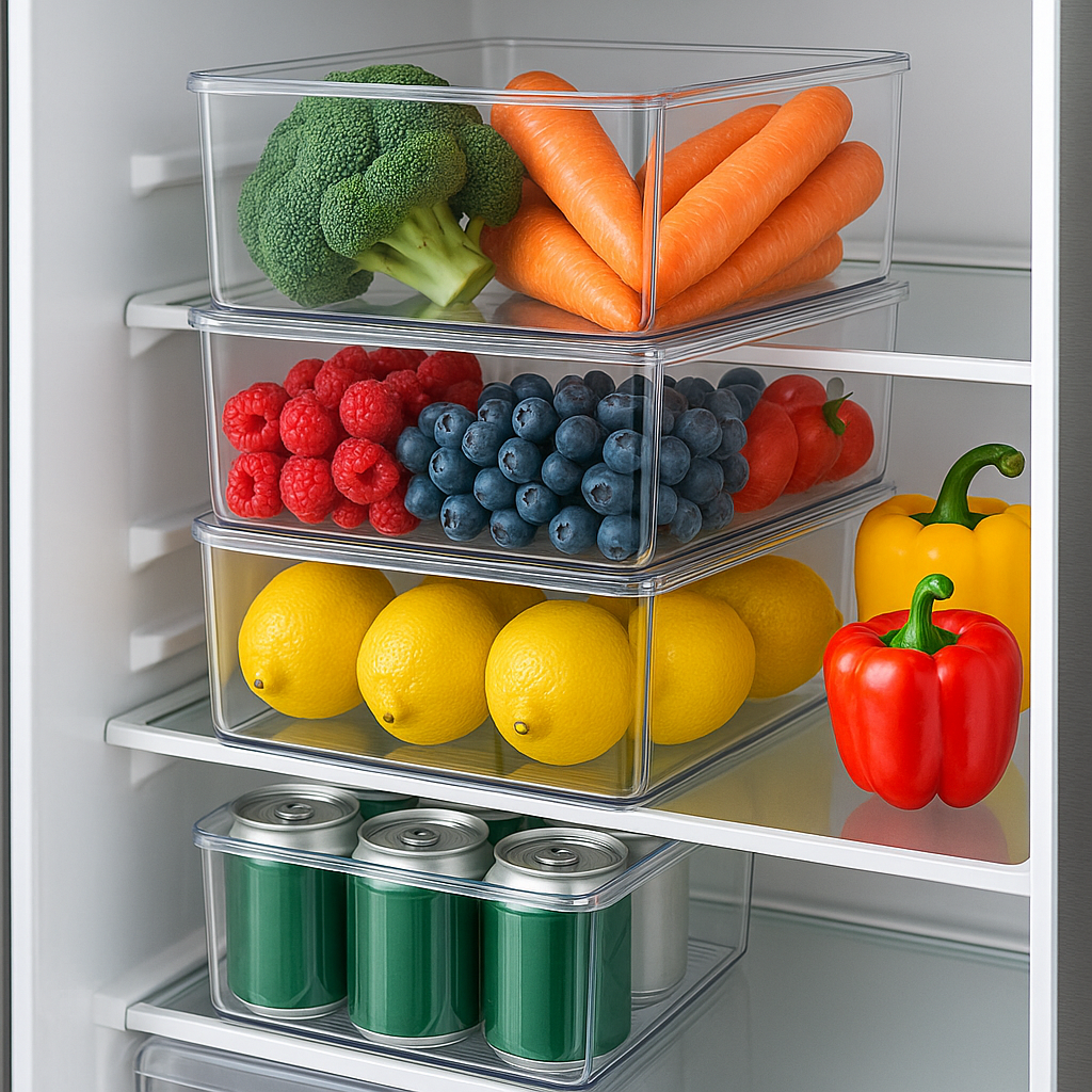 Preply stackable fridge organizer bins neatly storing fruits, vegetables, and beverages in a modern refrigerator for tidy kitchen organization
