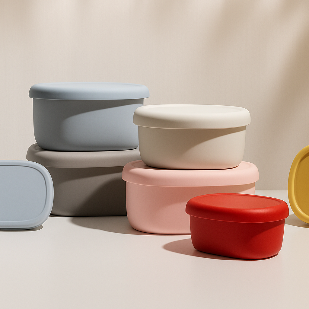 Stack of silicone food storage containers in pastel and bold colors for modern kitchen meal prep – Preply