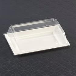 10 7.5" x 5.5" White Rectangle Dessert Plates with Clear Lids - Plastic Serving Trays for Party Platters, Wedding, Catering, Sushi, Appetizer