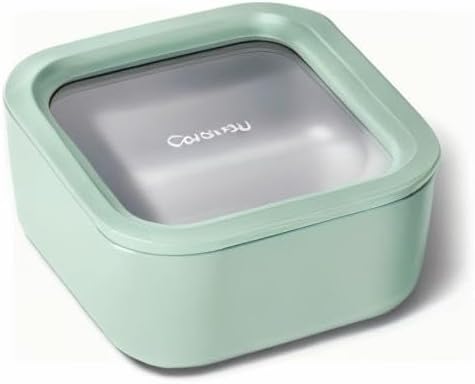 Caraway Glass Food Storage - 4.4 Cup Glass Container - Ceramic Coated - Easy to Store, Non Toxic, Non Stick Lunch Box Container with Glass Lids - Dishwasher, Oven, & Microwave Safe - Mist