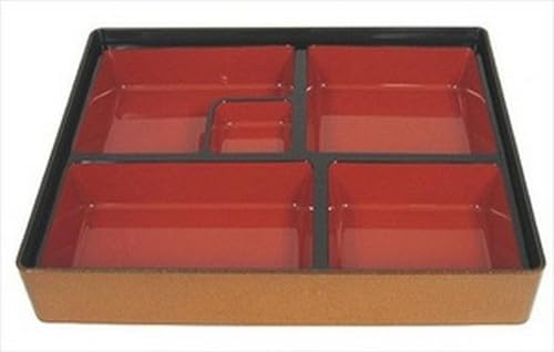 JapanBargain 1592, Red and Gold Japanese Traditional Plastic Lacquered Lunch Bento Box 5 Compartments for Restaurant or Home Tray and Plate 2pc Set Made in Japan, 11.75"x9.5"