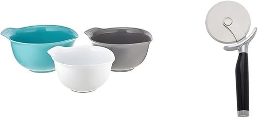 KitchenAid Universal Nesting Plastic Mixing Bowls, Set Of 3, 2.5 quart & Classic Pizza Wheel with Sharp Blade For Cutting Through Crusts