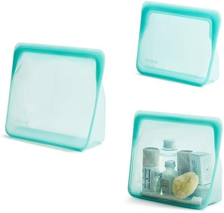 Stasher Silicone Reusable Storage Bag, 3-Pack Stand-Up (Aqua) | Food Meal Prep Storage Container | Lunch, Travel, Makeup, Gym Bag | Freezer, Oven, Microwave, Dishwasher Safe, Leakproof