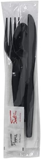 250 Plastic Cutlery Packets - Knife Fork Spoon Napkin Salt Pepper Sets | Black Silverware Sets Individually Wrapped Kits, Bulk Plastic Utensil Cutlery Disposable To Go Silverware