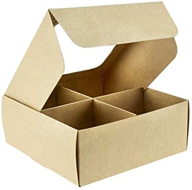 Treat boxes with window and dividers | 4 MEDIUM compartments | 6 x 6 x 2.4 in | Valentine treat boxes, baked goods packaging, box for cookies, pastry packaging | 24-pack (Kraft)