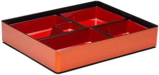 JapanBargain 1592, Red and Gold Japanese Traditional Plastic Lacquered Lunch Bento Box 5 Compartments for Restaurant or Home Tray and Plate 2pc Set Made in Japan, 11.75"x9.5"
