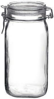 Bormioli Rocco Fido Wide Mouth Squared Glass Jar with Airtight Gasket Clamp Lid for Canning and Food Storage, Clear Top, 50.75 oz.