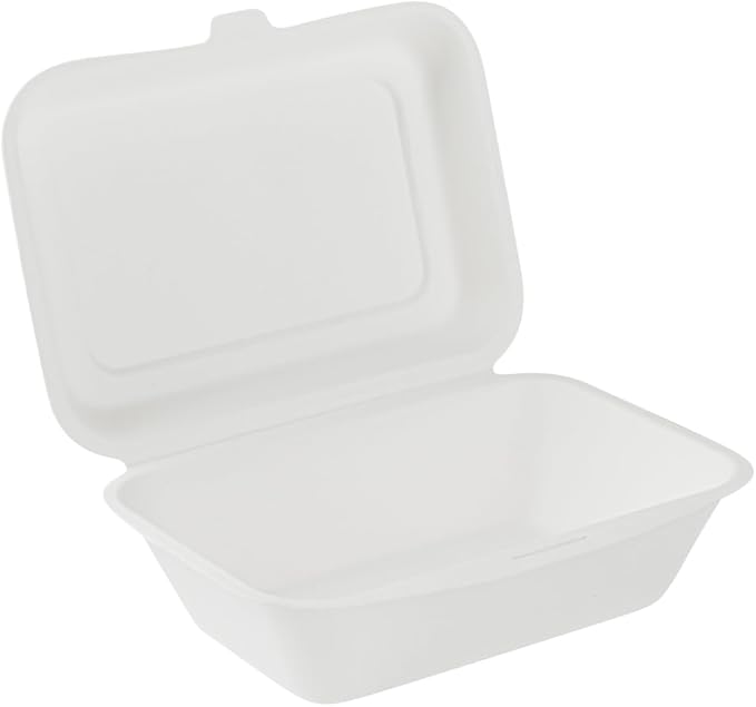 Restaurantware Pulp Safe No PFAS Added 20 Ounce Clamshell Boxes 100 Disposable Containers - Home Compostable Microwavable And Freezable White Bagasse Containers Built-In Hinged Lid