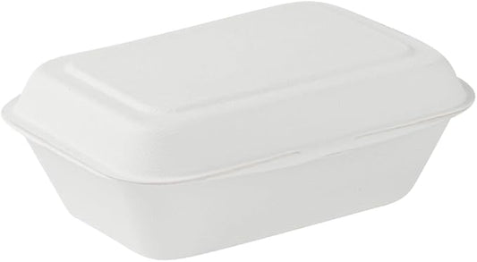 Restaurantware Pulp Safe No PFAS Added 20 Ounce Clamshell Boxes 100 Disposable Containers - Home Compostable Microwavable And Freezable White Bagasse Containers Built-In Hinged Lid