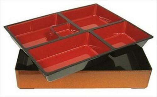 JapanBargain 1592, Red and Gold Japanese Traditional Plastic Lacquered Lunch Bento Box 5 Compartments for Restaurant or Home Tray and Plate 2pc Set Made in Japan, 11.75"x9.5"