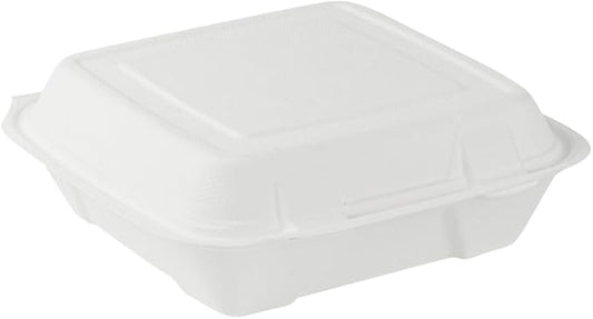 Restaurantware Pulp Safe No PFAS Added 32 Ounce Clamshell Boxes 100 Disposable Containers - Home Compostable Microwavable And Freezable White Bagasse Containers Built-In Hinged Lid And Tab Lock