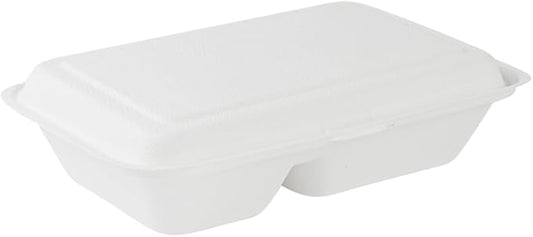 Restaurantware Pulp Safe No PFAS Added 34 Ounce Clamshell Boxes 100 Disposable Containers - Home Compostable 2 Compartments White Bagasse Containers Microwavable And Freezable Hinged Lid