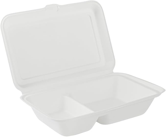 Restaurantware Pulp Safe No PFAS Added 34 Ounce Clamshell Boxes 100 Disposable Containers - Home Compostable 2 Compartments White Bagasse Containers Microwavable And Freezable Hinged Lid