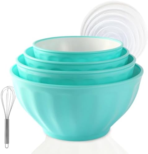 Plastic Mixing Bowls,Serving Bowls with Lids Set for Kitchen Mixing,Storage Food, 4 Bowls 4 Lid 1Egg Whisk,Fruit Containers,Refrigerator, Dishwasher, Microwave safe,Blue