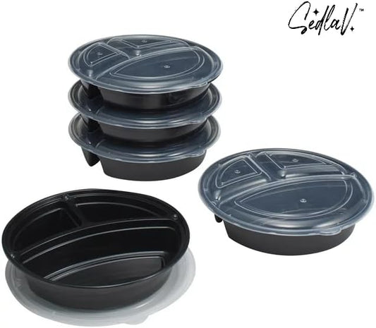 SEDLAV Conveniently Organize Your Meals with Our 3-Compartment 1L Round Meal Prep Food Storage Container, 5 Pack - BPA-Free, Leakproof, Microwave & Dishwasher Containers for Portion Control.