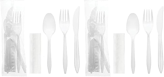Party Essentials Individually Wrapped Plastic Cutlery Packets/Silverware Kits, White Fork/Spoon/Knife/Napkin, 100 Sets (Pack of 2)