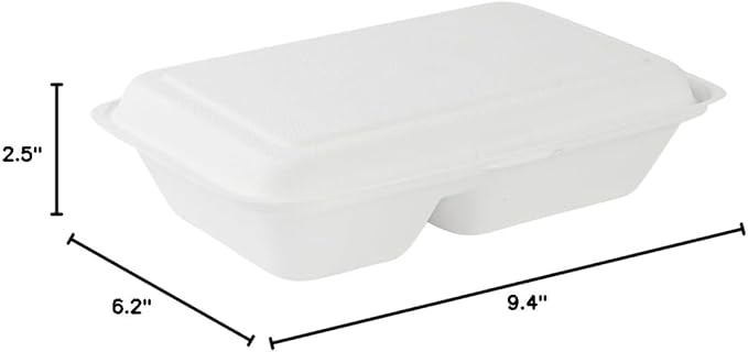 Restaurantware Pulp Safe No PFAS Added 34 Ounce Clamshell Boxes 100 Disposable Containers - Home Compostable 2 Compartments White Bagasse Containers Microwavable And Freezable Hinged Lid
