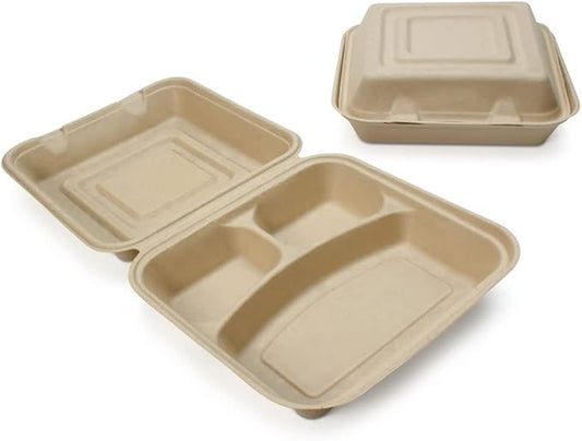 100% Compostable Disposable Food Containers with Lids [9”X9” 3-Comp 200 Pack] Eco-Friendly Take-Out TO-GO Containers, Heavy-Duty, Biodegradable, Unbleached by Earth's Natural Alternative