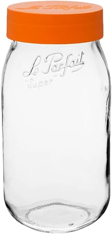 Le Parfait Screw Top Jar Wide Mouth French Glass Jar | Ideal for Food and Soup Storage, Canning, Flour, Brown Sugar, and other Baking Supplies (2L/64oz, Single, Orange)