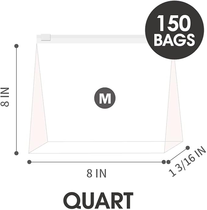 Quart Slider Storage Bags- 150 Count, Featuring Expandable Bottom, Zero BPA, Microwave-Safe(6 boxes of 25)