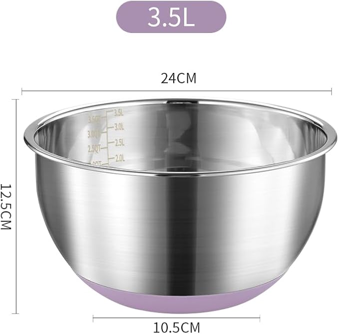 Mixing Bowl Stainless Steel with Nonslip Silicone Bottom Metal Kitchen Bowl Baking Cooking Salad Dishwasher Safe, 3.5QT