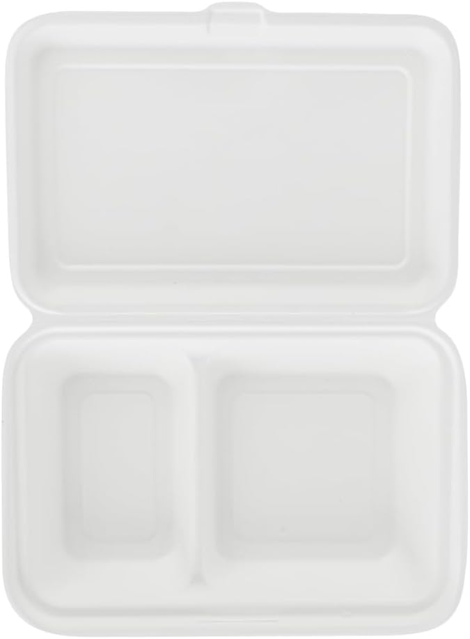 Restaurantware Pulp Safe No PFAS Added 34 Ounce Clamshell Boxes 100 Disposable Containers - Home Compostable 2 Compartments White Bagasse Containers Microwavable And Freezable Hinged Lid