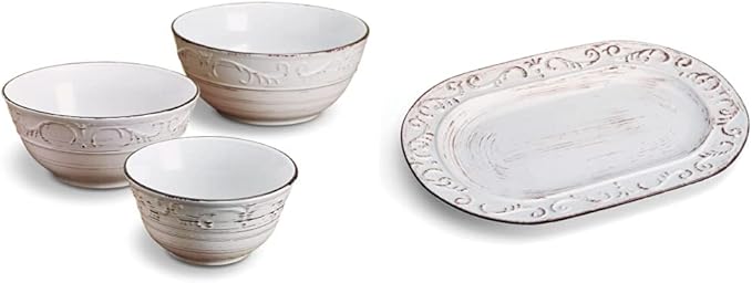 Pfaltzgraff Trellis Serving Bowls, Set of 3, White Trellis Serving Platter, 13.75 inch, White