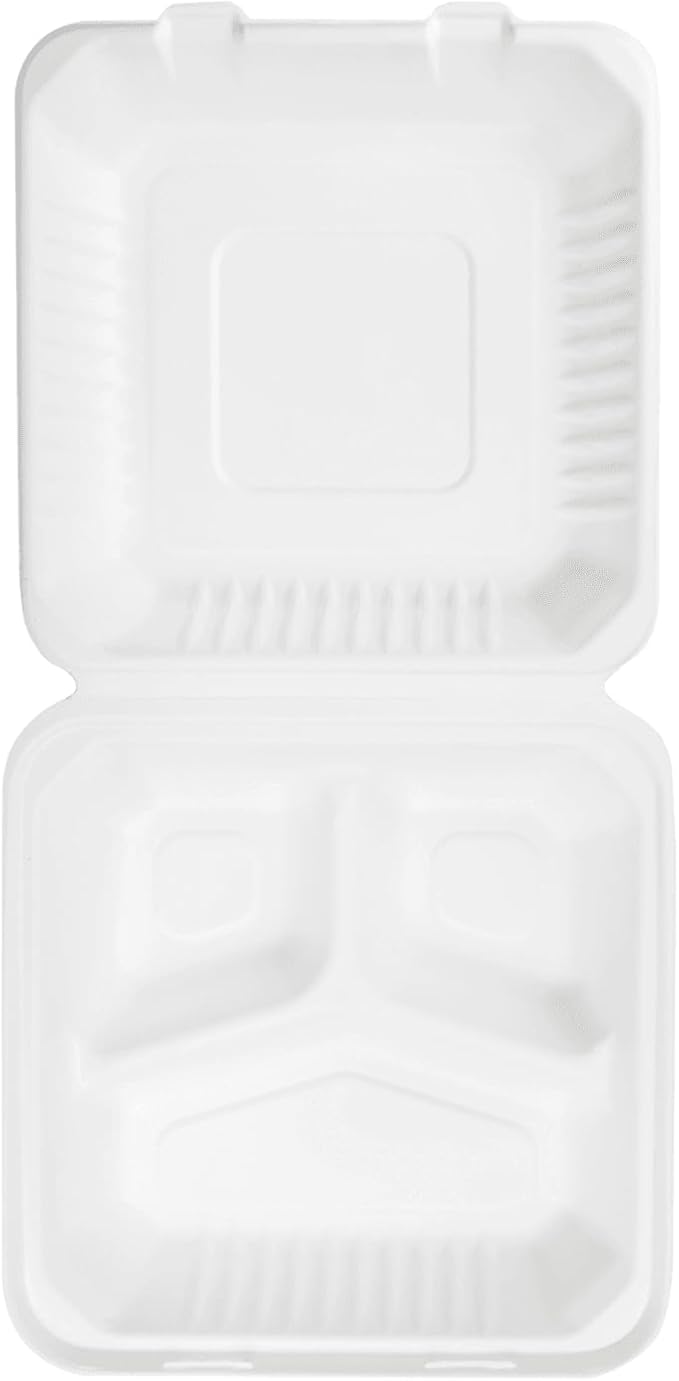 KARAT EARTH Clamshell Take Out Food Containers [9"x9", 200 ct ] 3 Compartments | Compostable To Go Containers, Natural Biodegradable Bagasse | White