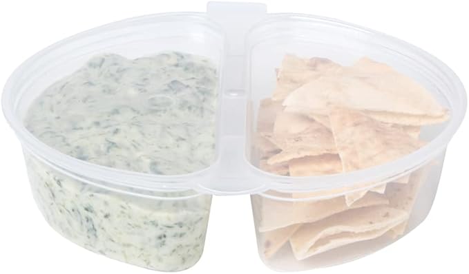 Restaurantware Futura 4 Ounce Snack Containers 100 Microwavable Sauce Containers - 2 Compartments Hinged Lid Clear Plastic Portion Cups For Condiments Or Dips