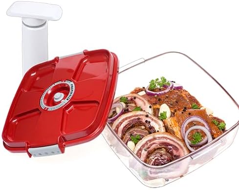 Marinating Vacuum System Container-Makes Food Tastier, Juicier, Healthier and More Tender (2 Liter, Square Shape, Tritan Material, Red Color, Manual Hand Pump Included)