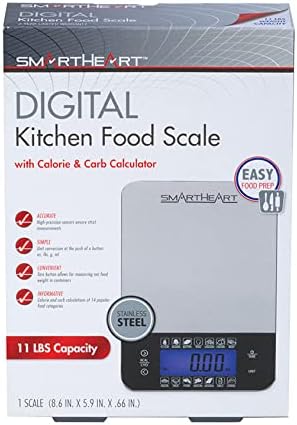 SmartHeart Digital Kitchen Food Scale with Calorie & Carb Calculator | Stainless Steel | Tare Function | Unit Conversions: oz/lbs/g/ml | 14 Pre-Set Foods | Large Backlit LCD Display