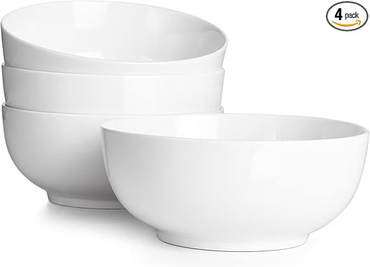 DOWAN 39 OZ Large Deep Bowls Set of 4 - White Ceramic Bowls for Ramen, Pasta, Salad, Mixed Fruit - Dishwasher & Microwave Safe