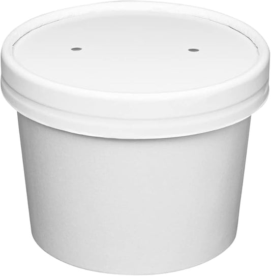 GUSTO [8 oz. - 50 Count White Paper Food Containers with Vented Lids - To Go Hot Soup Bowls, Disposable Ice Cream Cups, Ideal for Hot and Cold Foods - (Formerly Comfy Package)