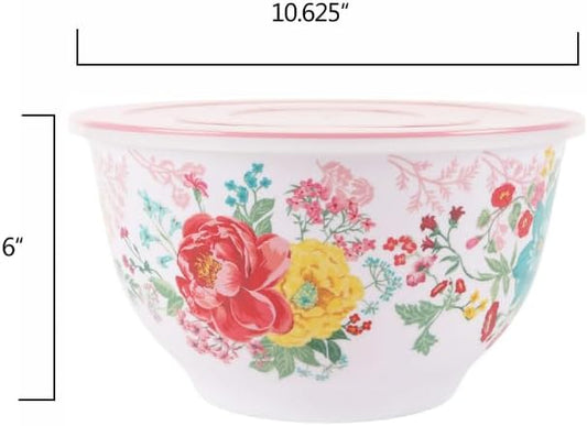 The Pioneer Woman Melamine Mixing Bowls Set with Lids 10-Pieces Bundle with Spoon Rest & Stainless Steel Silicone Kitchen Tongs Red (Total 12 Pieces)