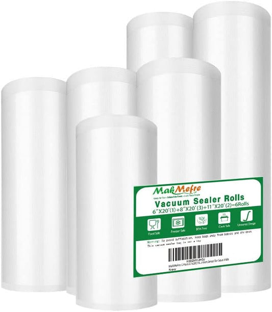 6 Pack 6"x20'(1Roll) 8"x20'(3Rolls) and 11"x20' (2Rolls) Vacuum Sealer Bags Rolls for Food,Commercial Grade, BPA Free,Puncture Prevention,Great for Sous Vide Cooking